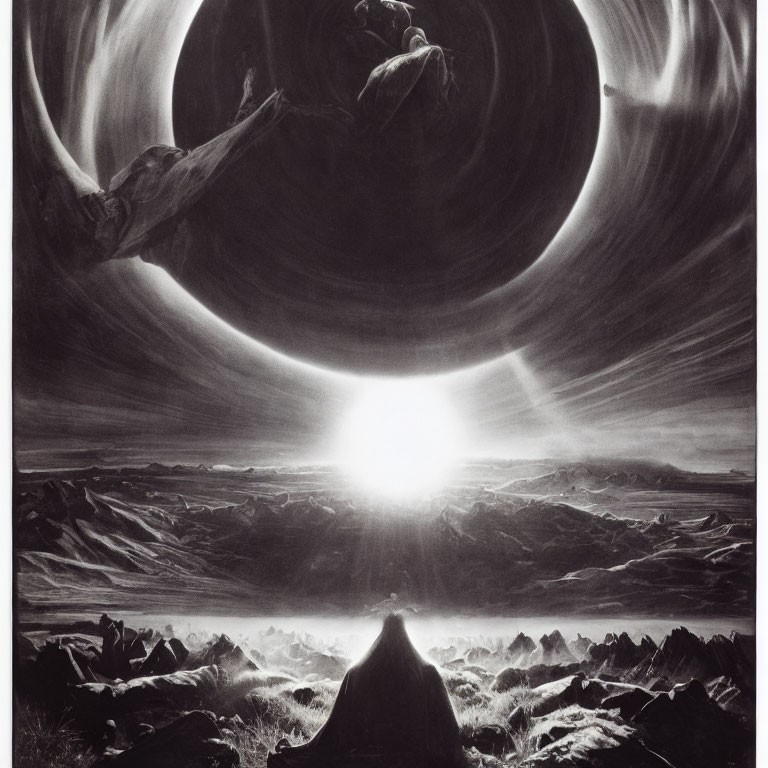 Monochrome artwork of massive planet and rings over otherworldly landscape