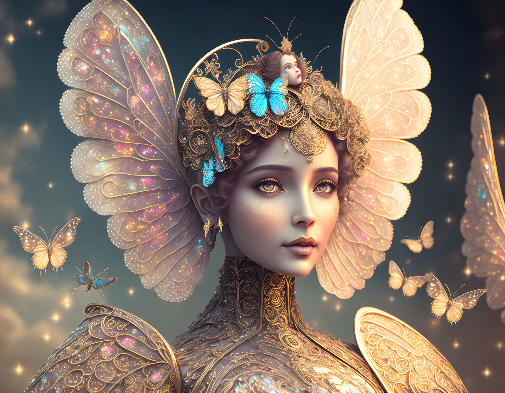 Fantasy illustration: Woman with butterfly wings and headdress among golden butterflies at twilight