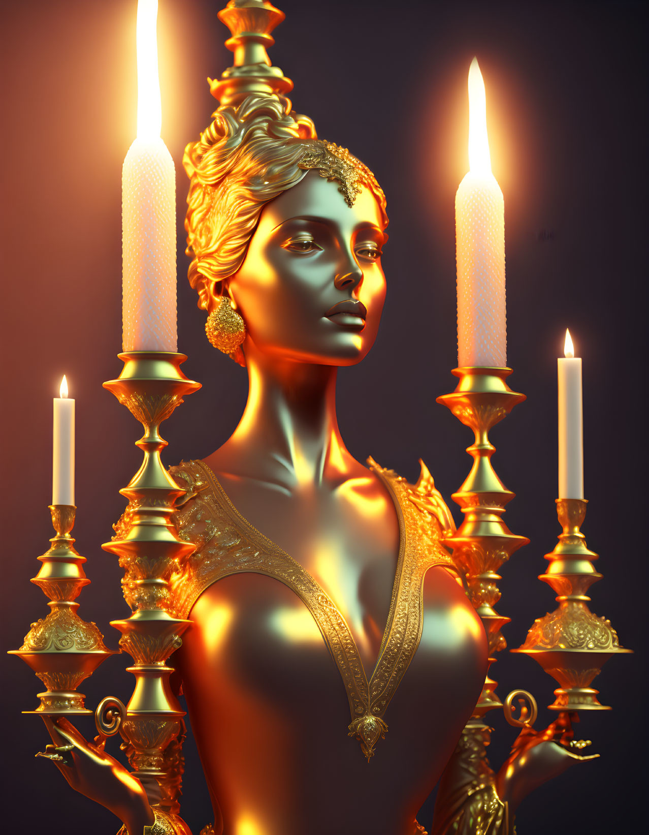 Golden statue of elegant woman surrounded by lit candles