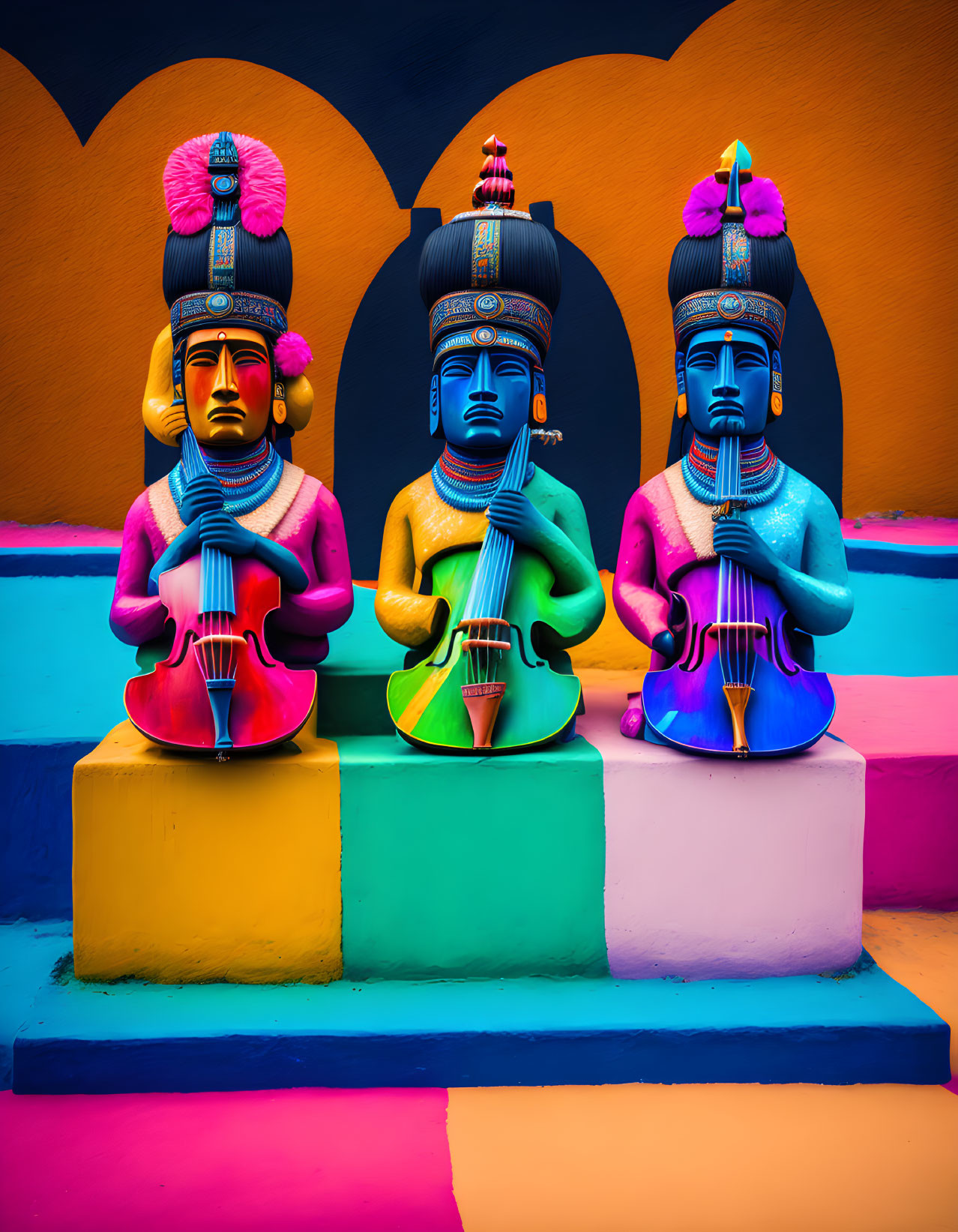 Colorful Indian Musicians Statues Playing Stringed Instruments on Vibrant Backdrop