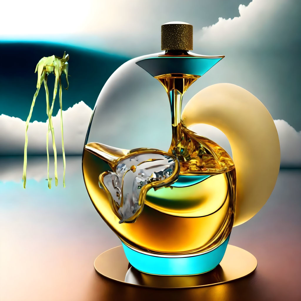 Surrealist composition featuring glossy perfume bottle and fluid shapes against cloudy backdrop