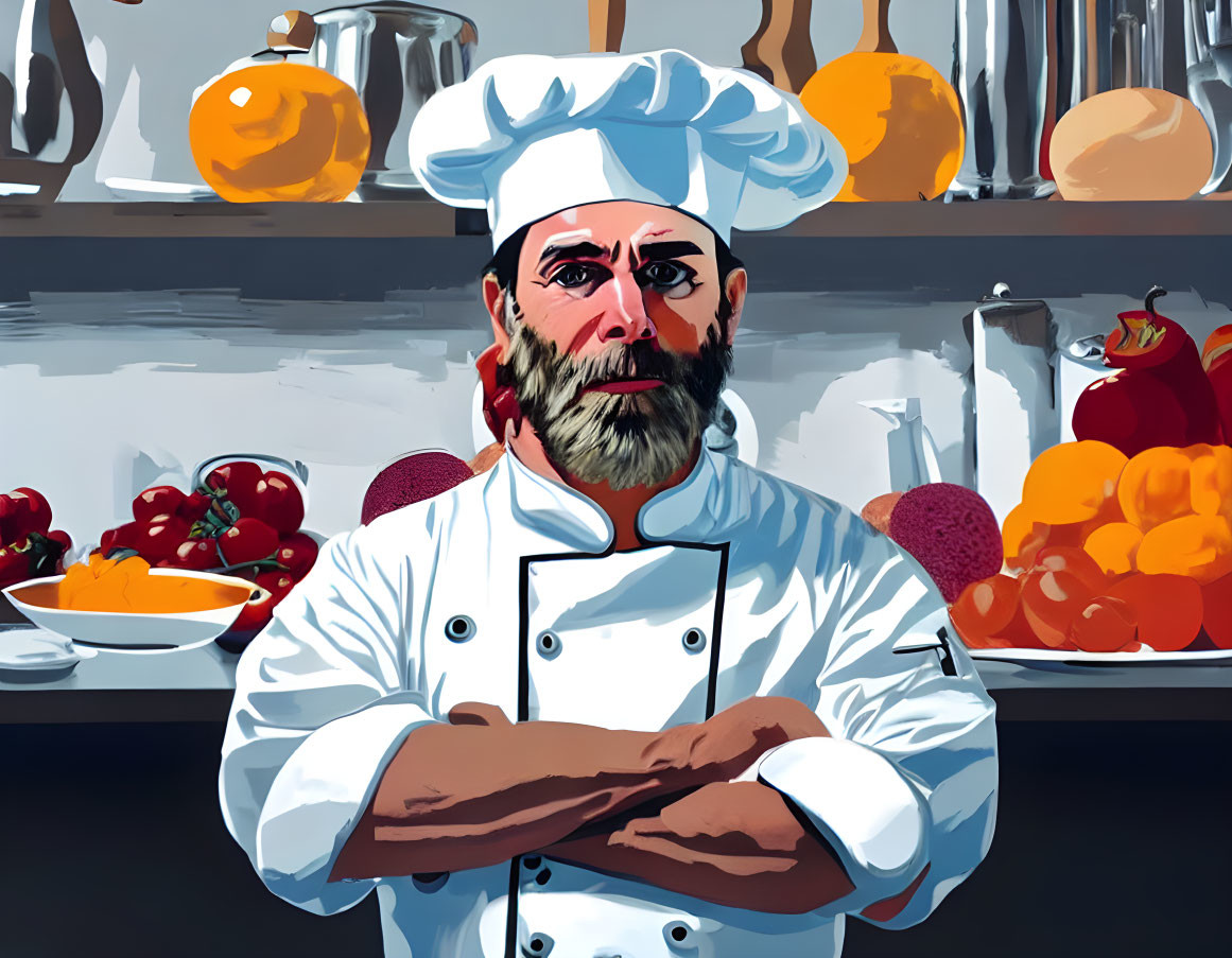 Bearded chef in white hat and coat with crossed arms in fruit-filled kitchen