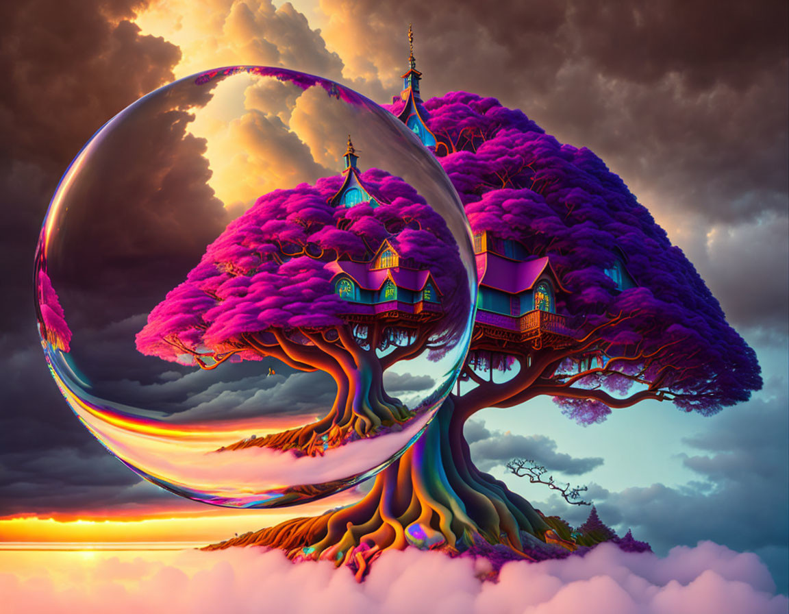 Vibrant Purple Trees and Whimsical House in Fantasy Sunset Scene