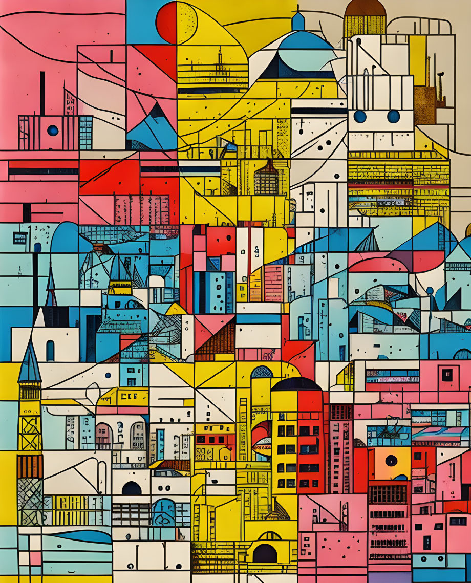 Vibrant cityscape abstract art with geometric shapes in multi-color palette