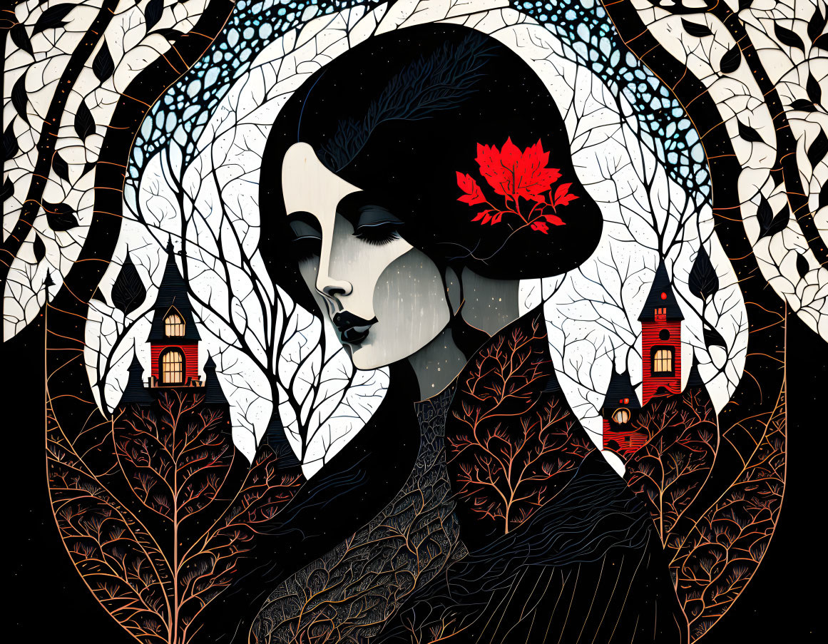 Illustrative artwork of woman with red leaf in hair among stylized trees and buildings