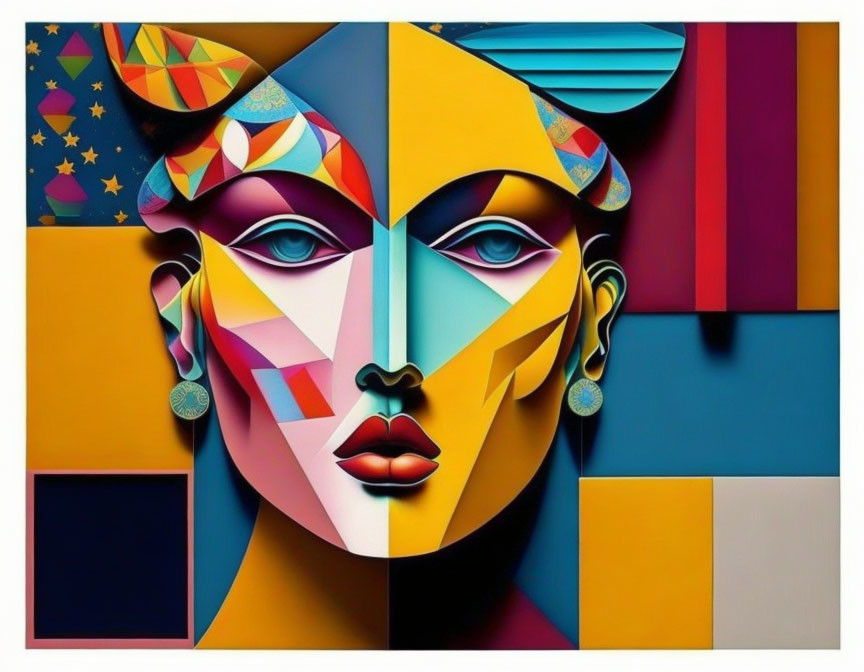 Vibrant Cubist-style portrait of a symmetrical female face.