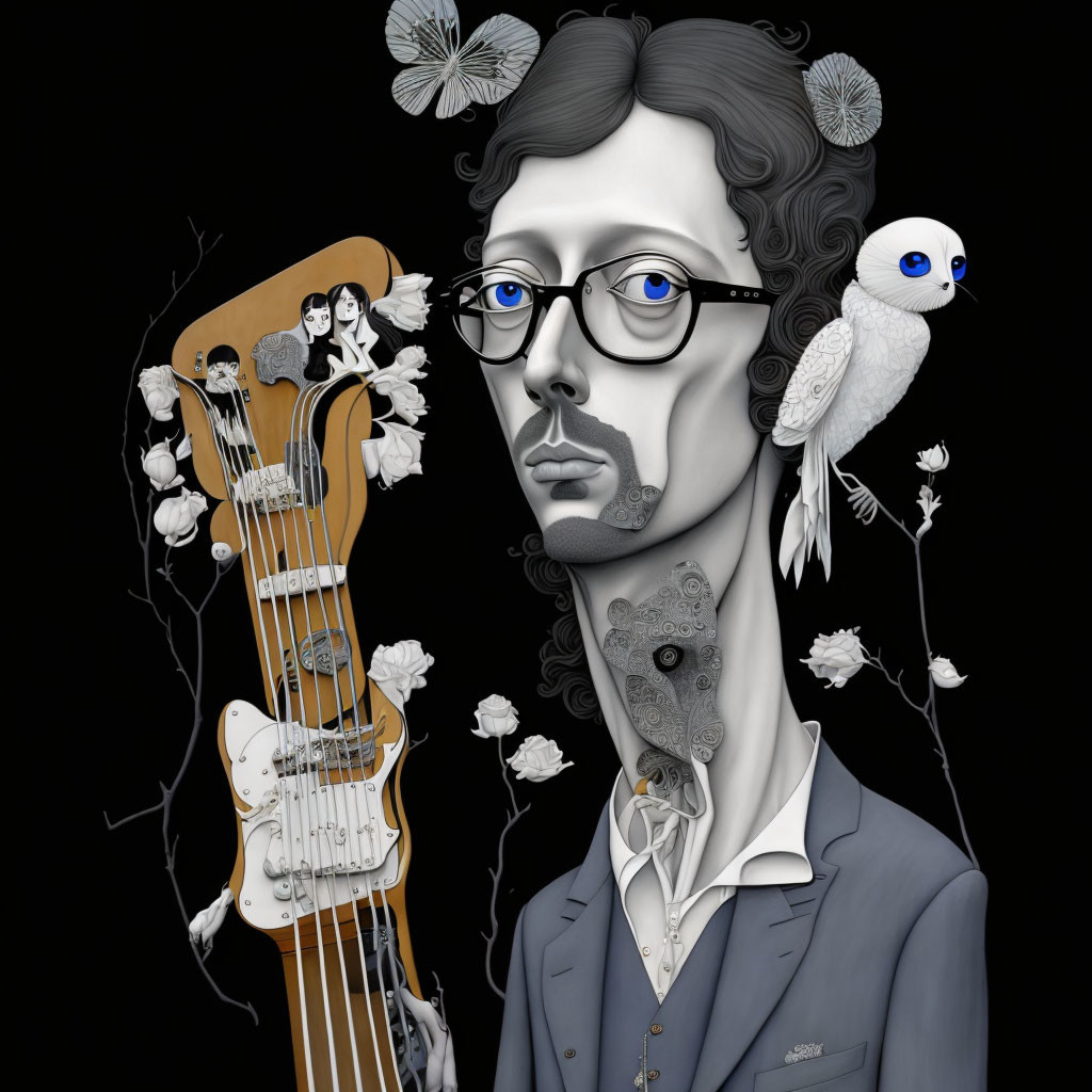 Illustrated portrait with blue glasses, bird, guitar, flowers in monochrome tones