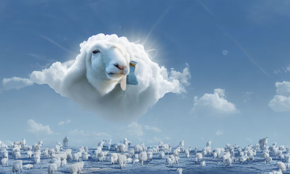 Surreal sheep-shaped cloud with real sheep's face above landscape