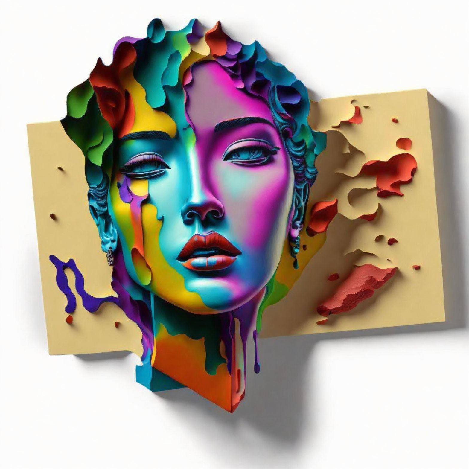 Vibrant 3D artwork: Woman's face with melting features and surreal elements