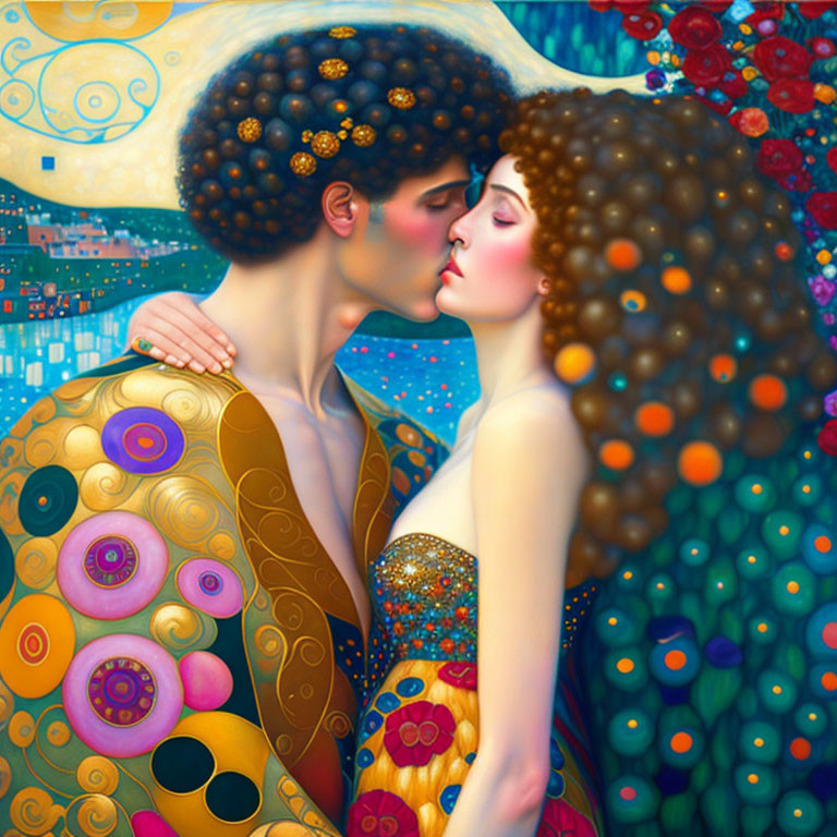 Romantic couple embracing in vibrant Klimt-inspired painting