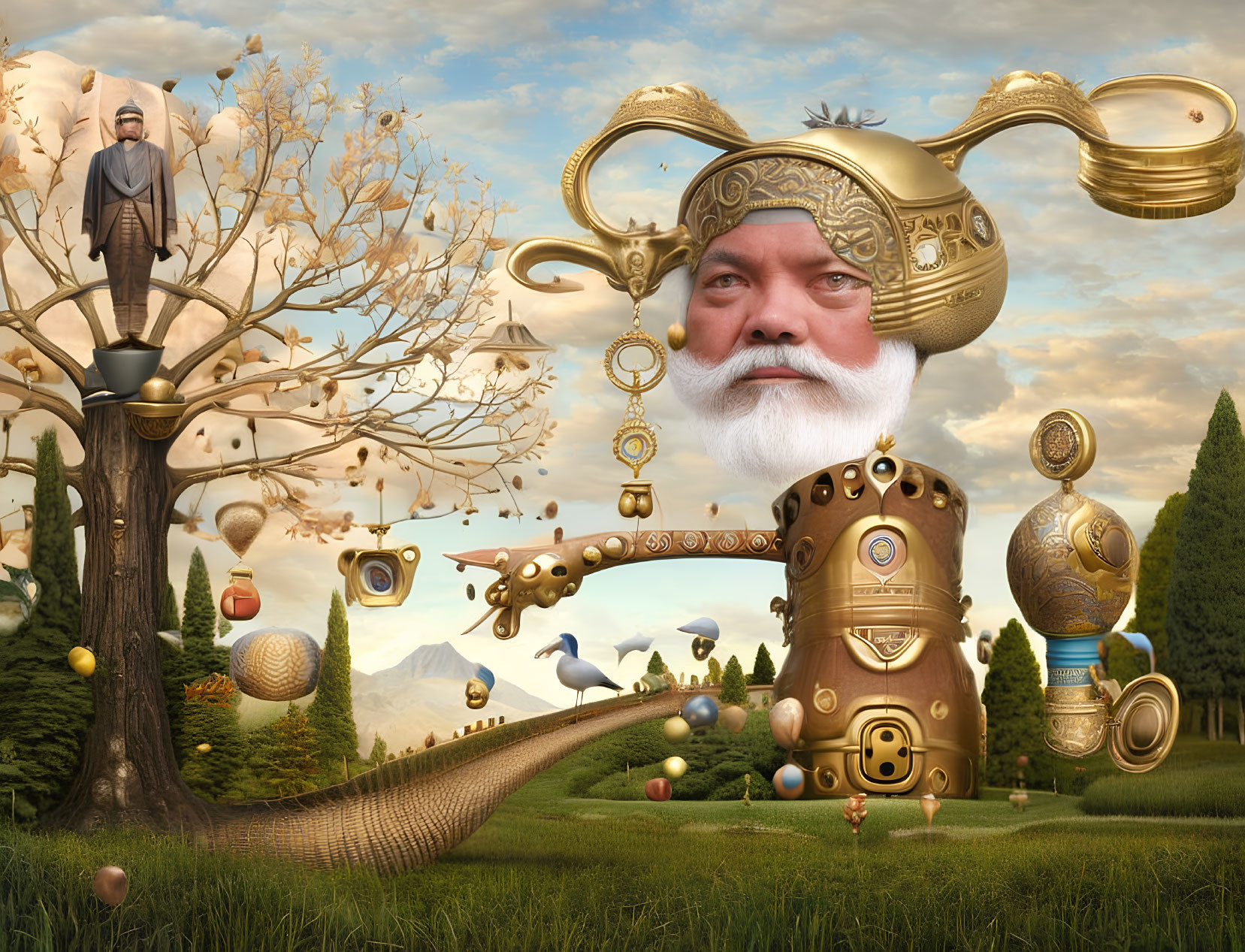 Surreal artwork featuring giant mechanical teapot with human face, floating objects, trees, birds,