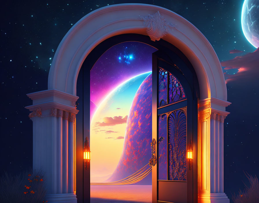 Ornate door with cosmic view: planet, stars, moonscape, columns, lanterns