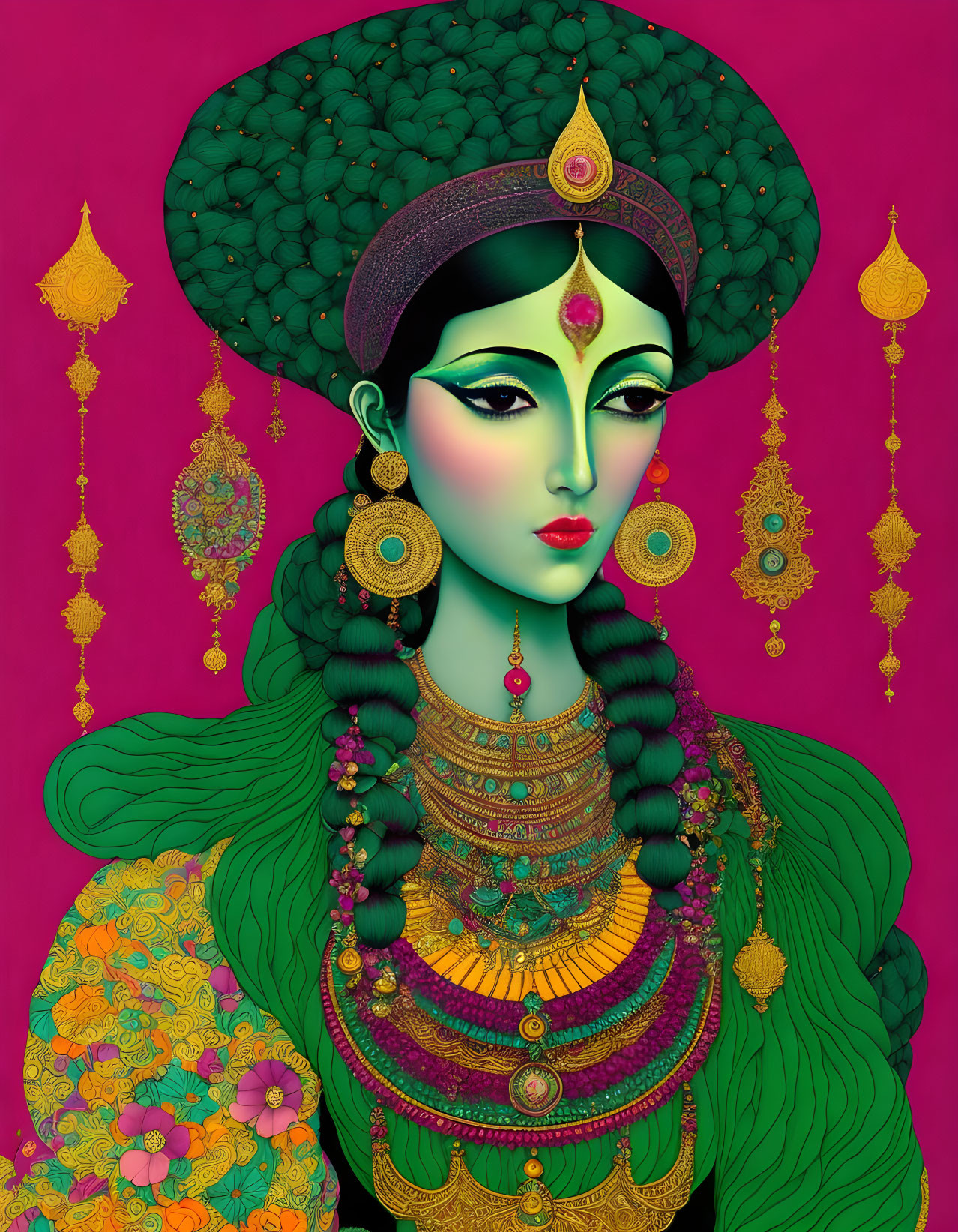 Green-skinned woman with gold jewelry and peacock headdress on pink background