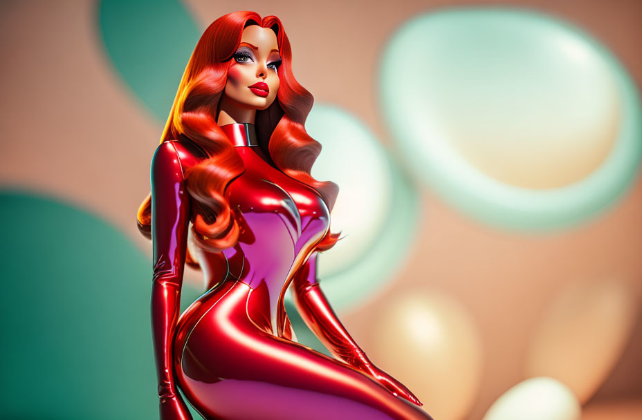 Vibrant 3D illustration of woman with red hair and glossy outfit