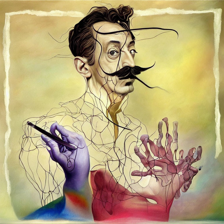 Exaggerated mustache man portrait with swirling hair and dissolving hands