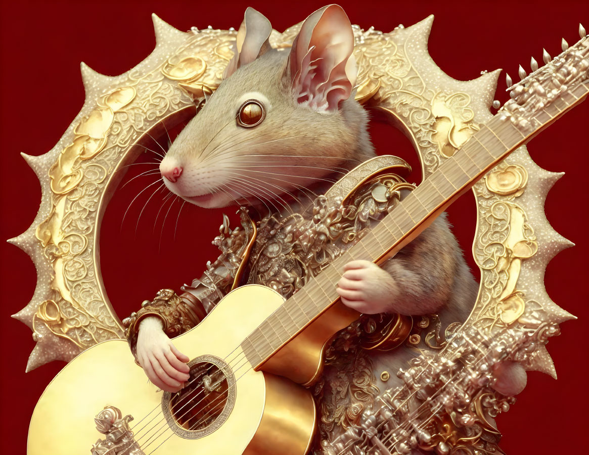 Anthropomorphic mouse playing guitar in golden armor on red background