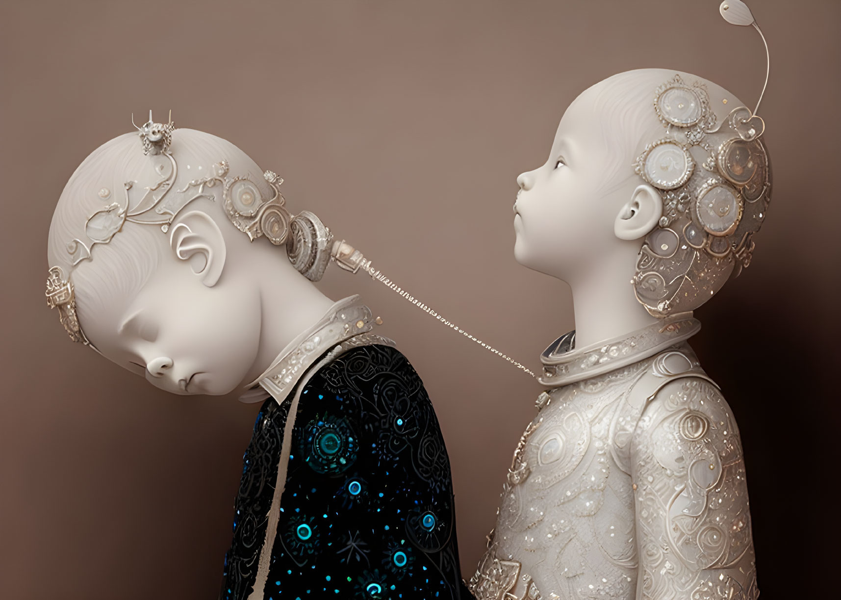 Surreal mannequin-like figures with intricate headpieces connected by cable