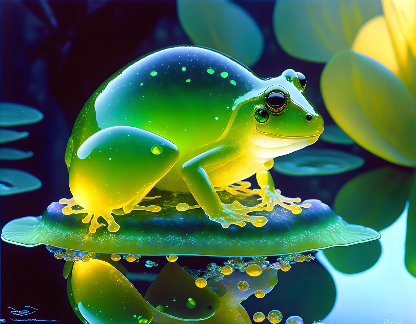 Digital artwork of green frog on lily pad with bubbles