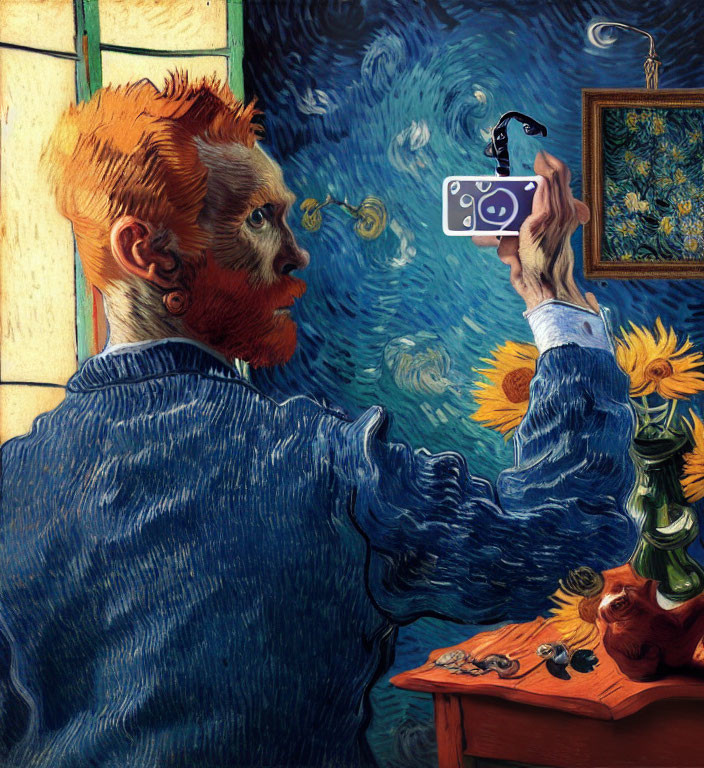 Vincent van Gogh taking a selfie with smartphone by "Sunflowers