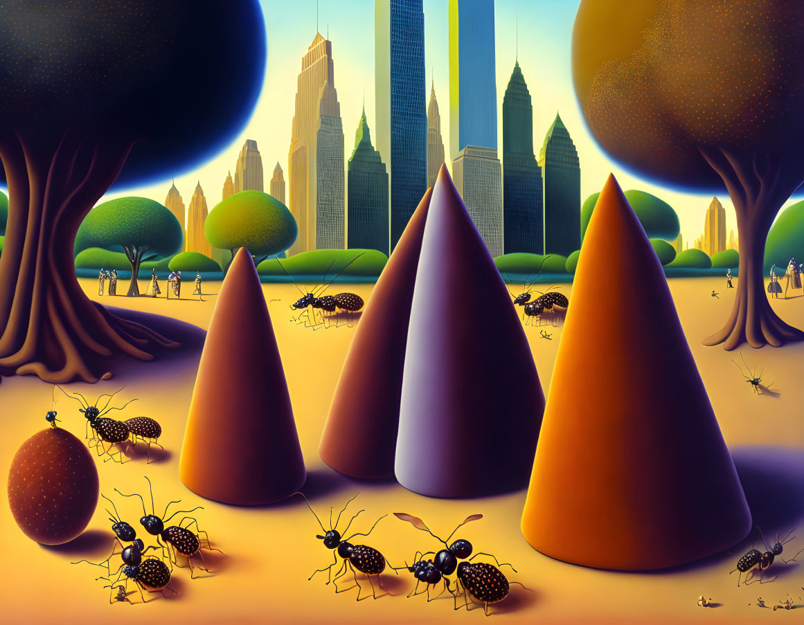 Surreal landscape featuring large ants, conical shapes, fantastical trees, and city skyline under