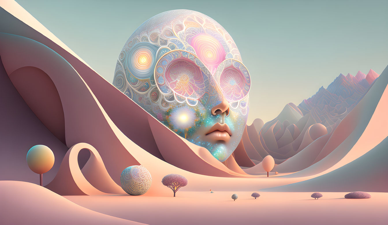 Ornate humanoid head in surreal landscape of pastel hills