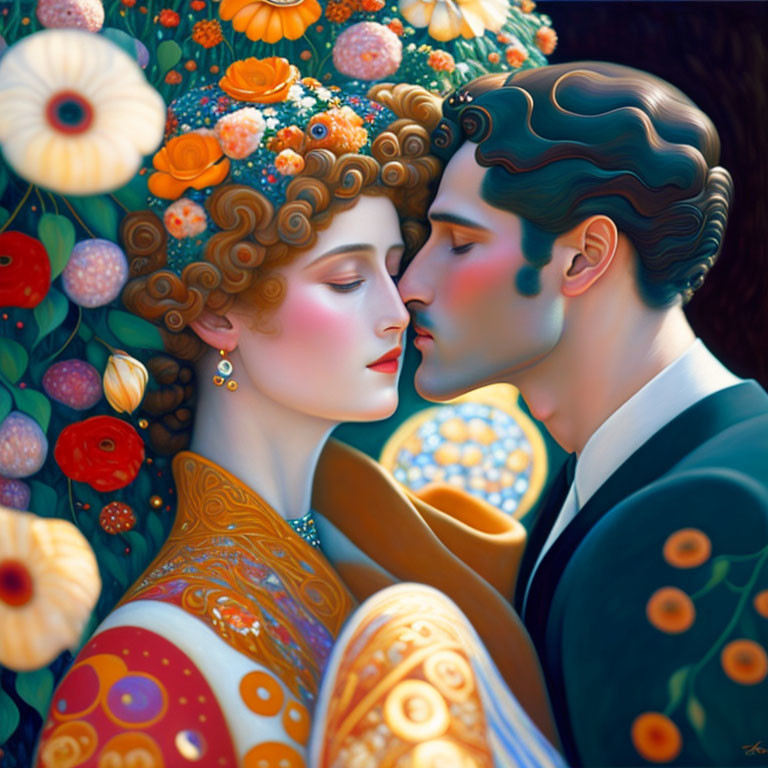 Romantic Scene: Man Kissing Woman's Forehead in Floral Attire