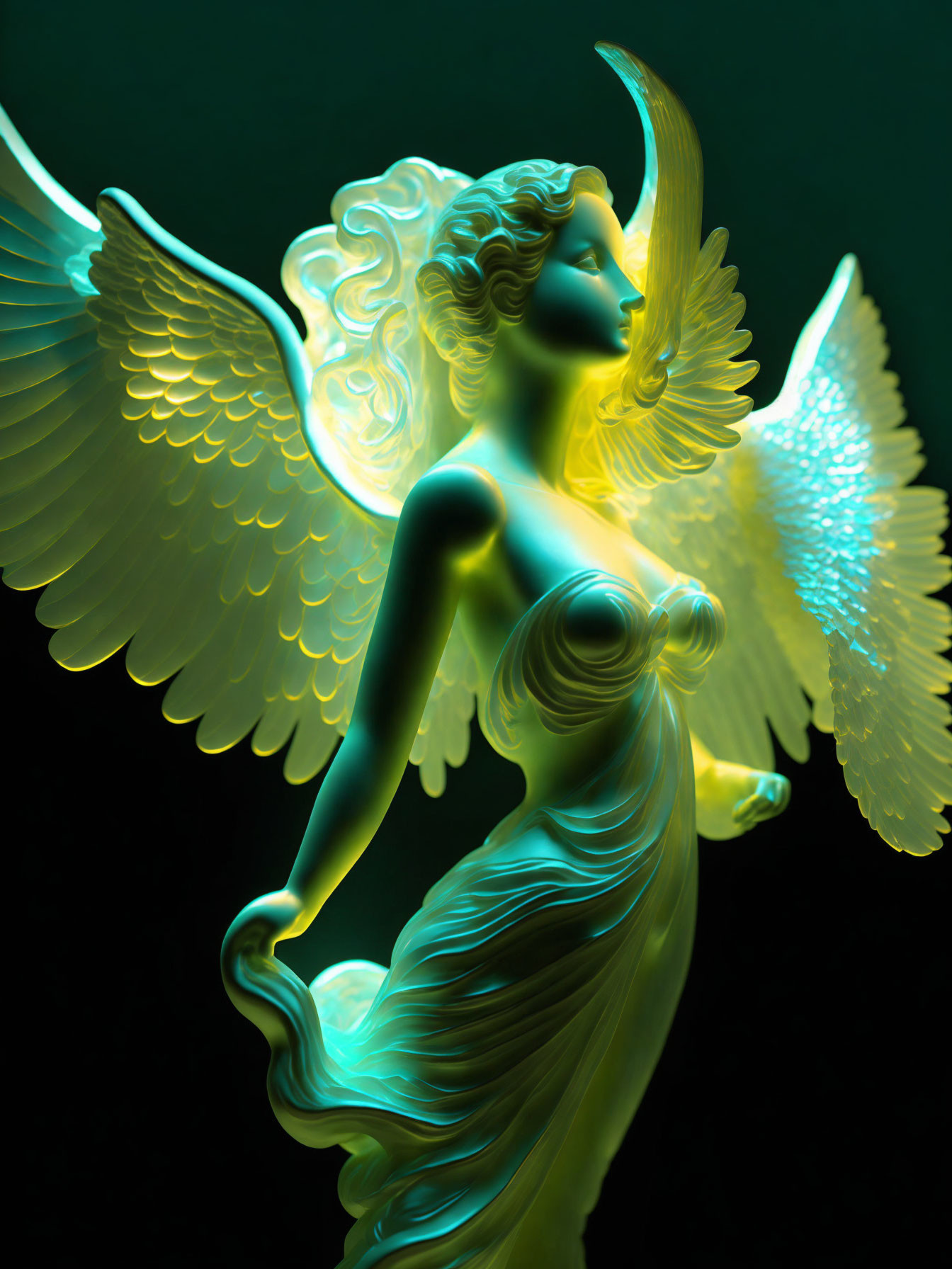 Luminescent angel art with flowing hair and detailed wings on dark background