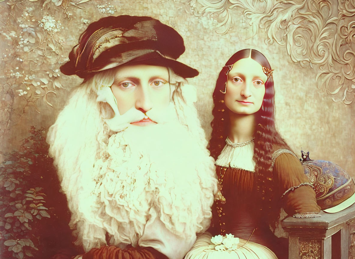 Surreal composition: Mona Lisa merged with figure in white beard and hat