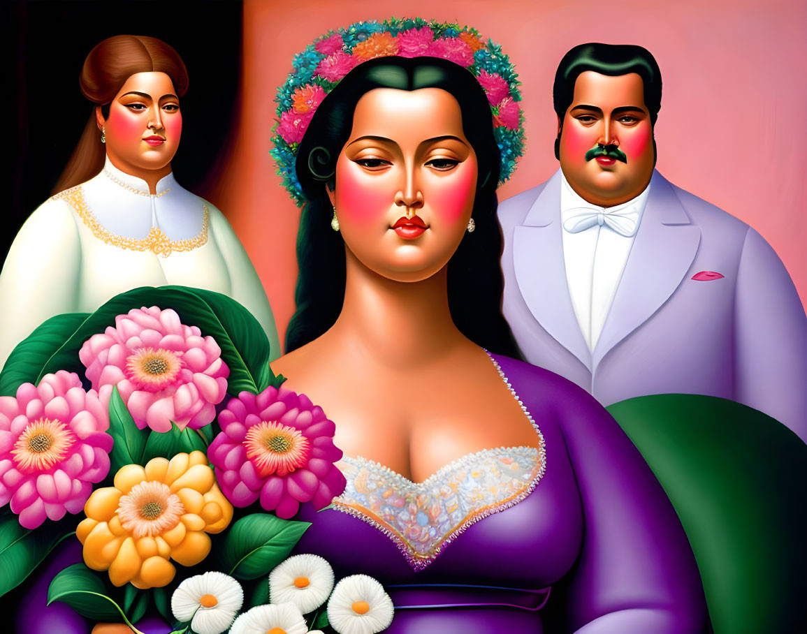 Vibrant painting of three stylized figures with bold eyes and rosy cheeks, featuring a woman