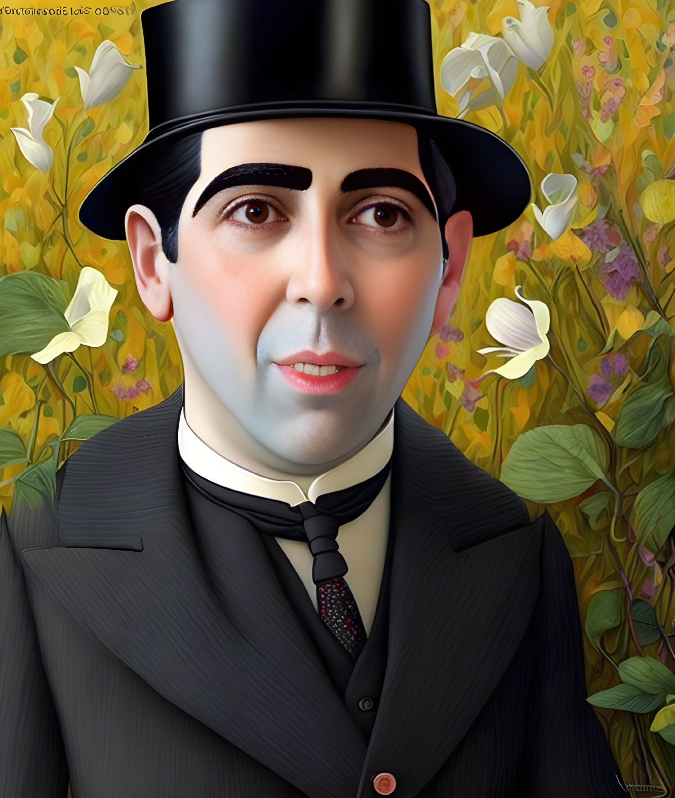 Man in Black Suit, Tie, and Top Hat on Floral Background