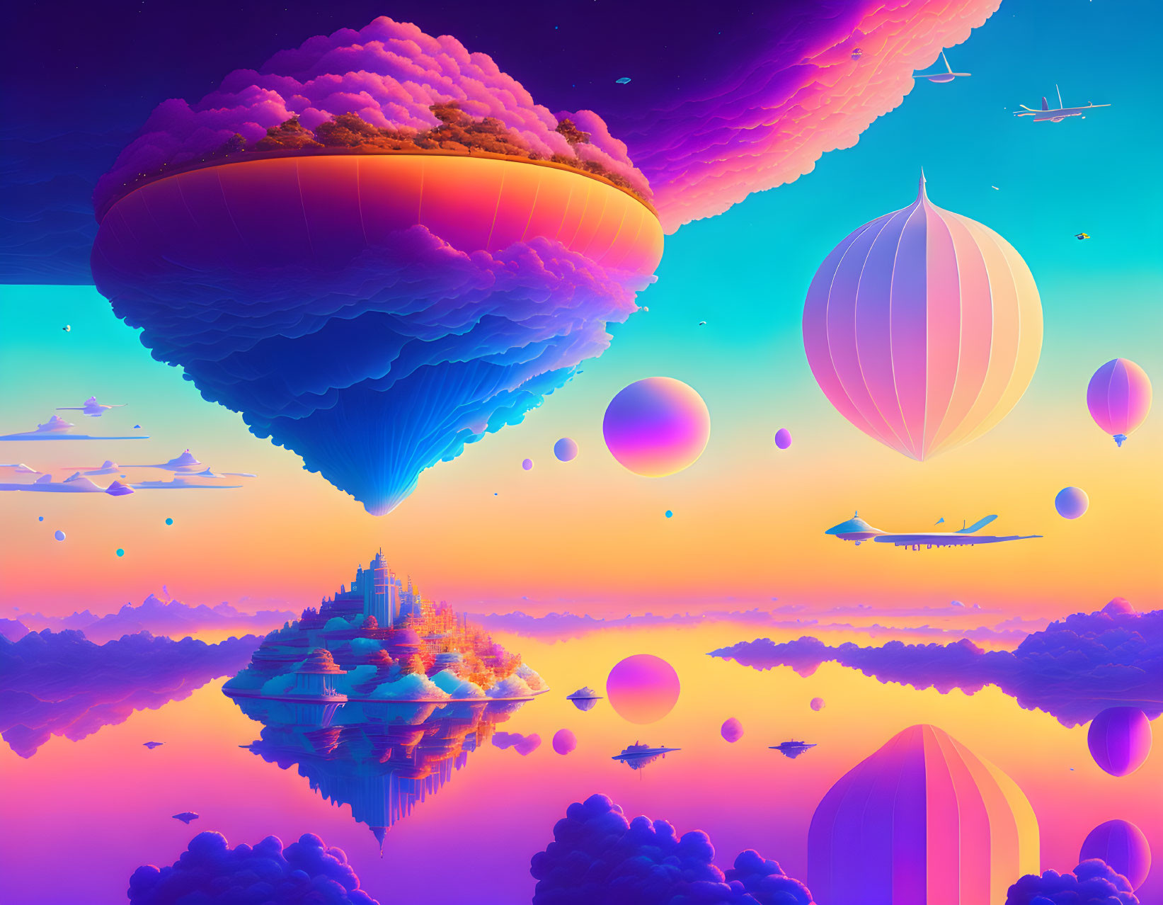 Colorful Fantasy Landscape with Floating Islands and Hot Air Balloons