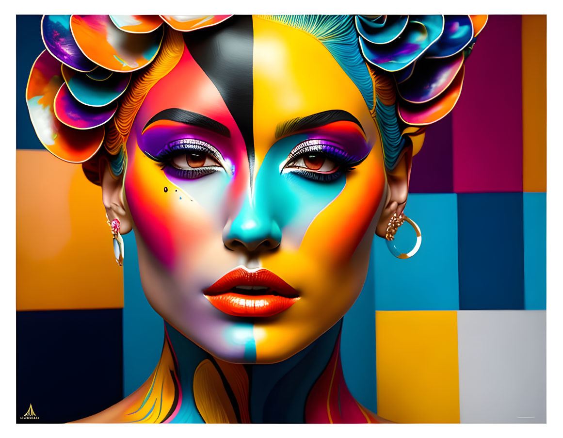 Colorful digital artwork featuring woman with vibrant makeup on patterned skin against geometric background