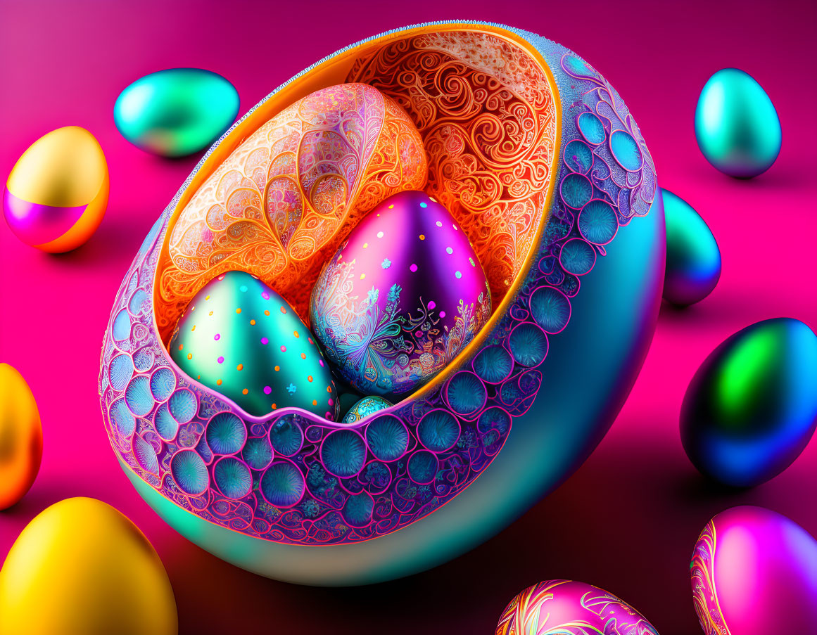 Colorful Easter Egg Patterns on Pink Background