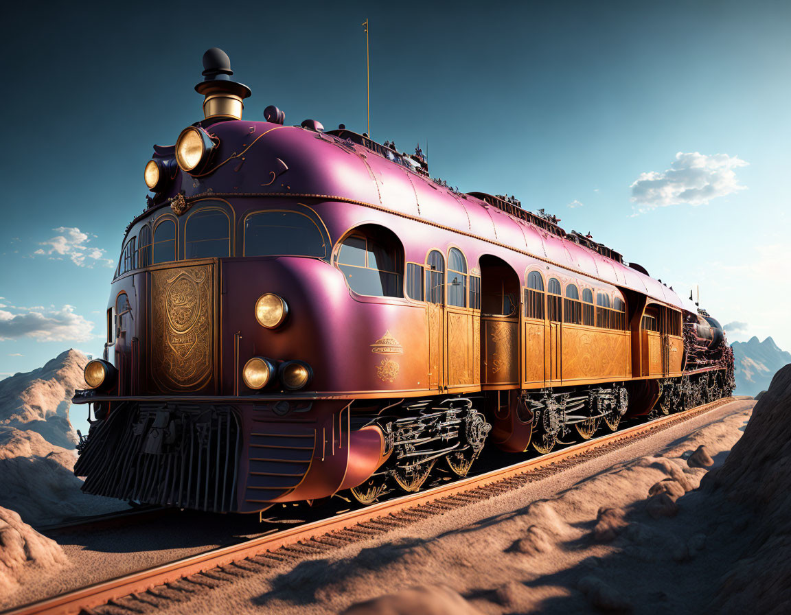 Vintage purple and gold train on desert track with intricate detailing