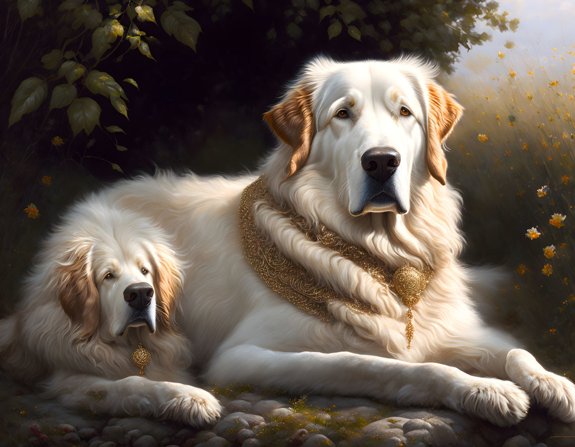 Regal White Dogs with Golden Necklaces in Lush Green Environment