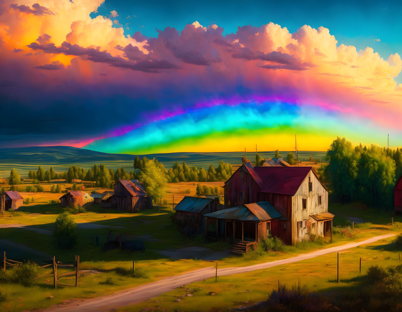 Colorful landscape with rainbow, farmhouses, fields, and sunset sky