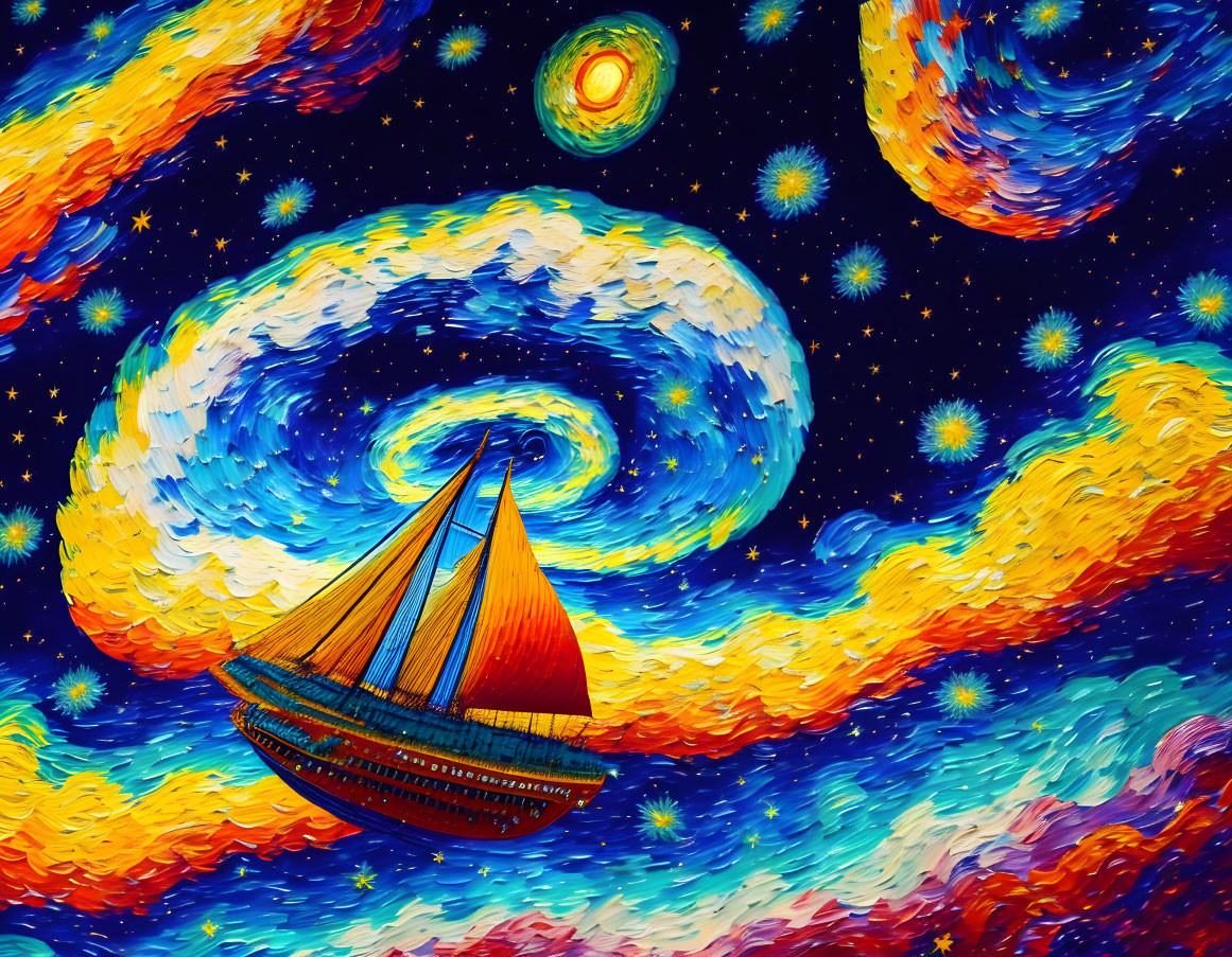 Colorful Sailboat Painting on Cosmic Waves and Starry Night Sky