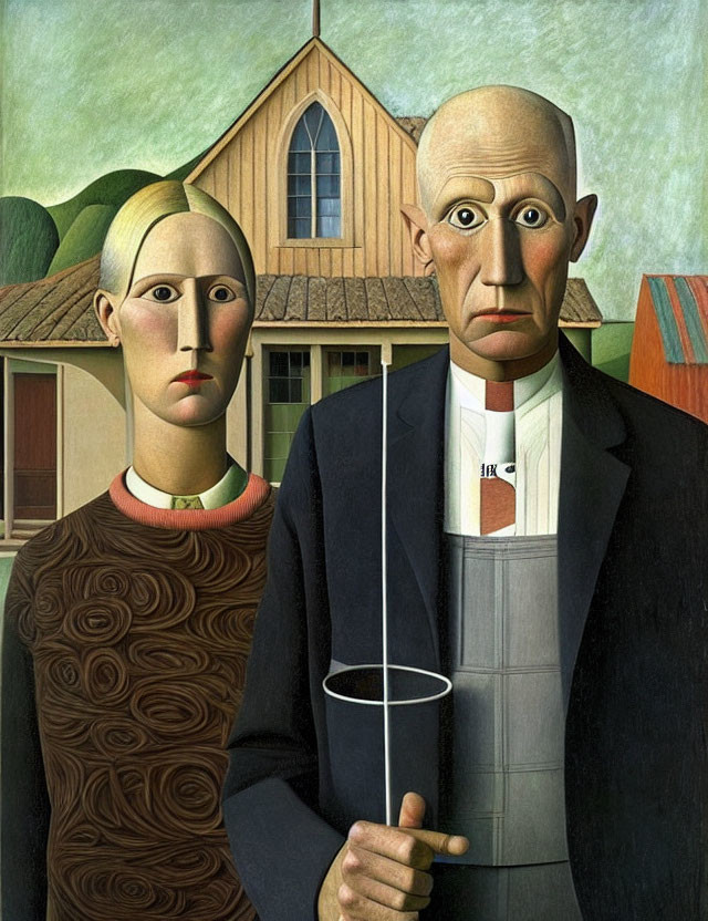 Traditional painting of farmer couple with pitchfork in front of house