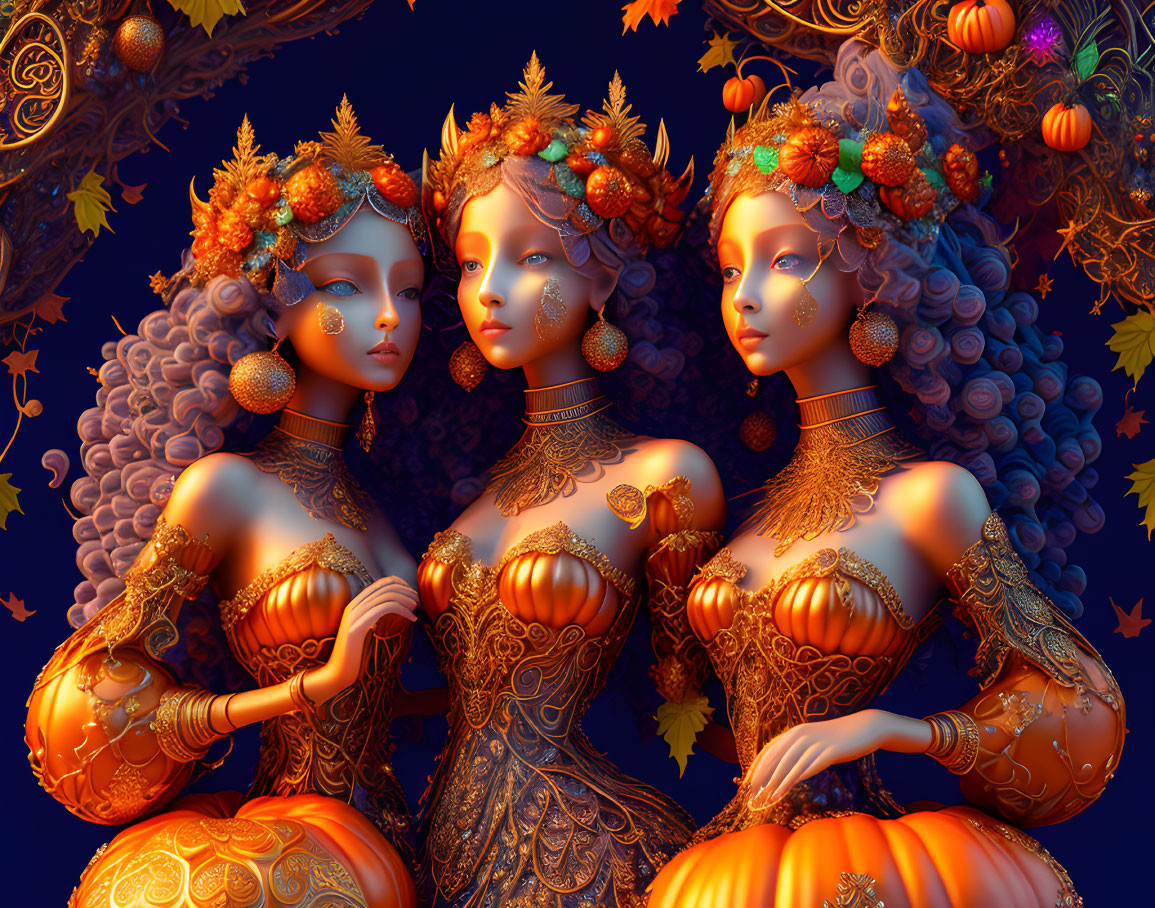 Stylized female figures in autumn attire with ornate decorations.