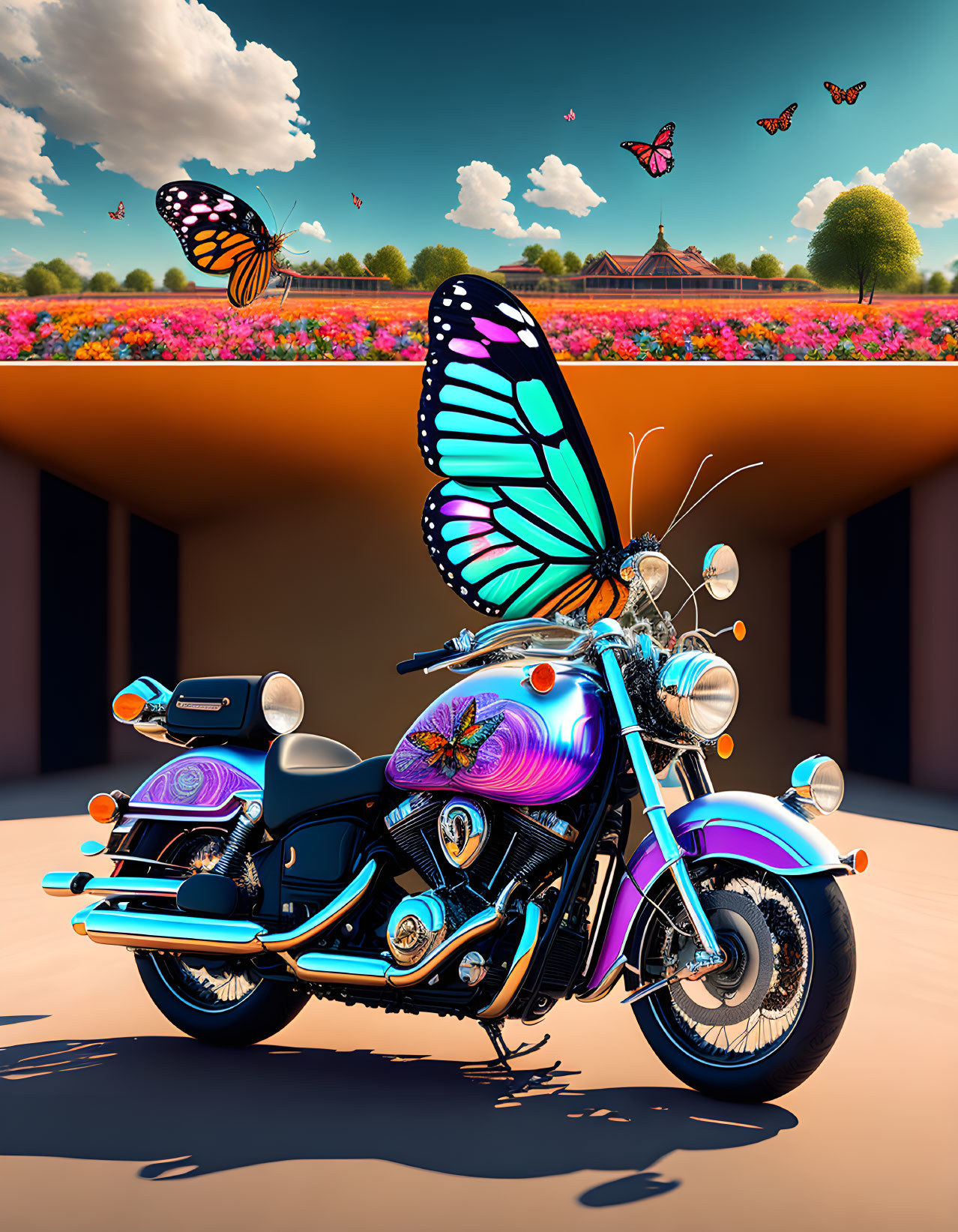 Colorful Motorcycle Parked Near Flower Field with Butterflies in Clear Sky