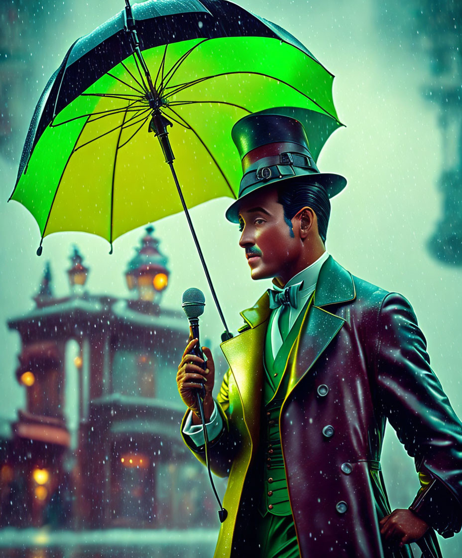 Vintage-dressed man with top hat and umbrella in the rain among ornate buildings