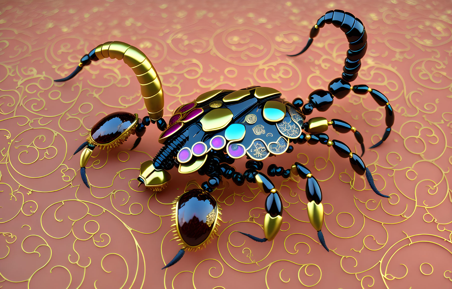 Mechanical scorpion 3D illustration with golden and black body on ornate pink surface