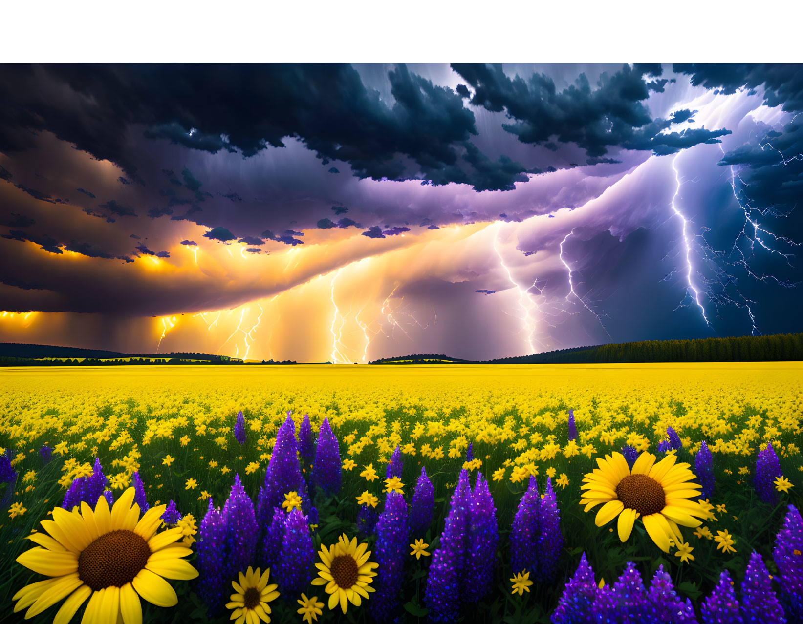 Colorful wildflowers under stormy sky with lightning strikes