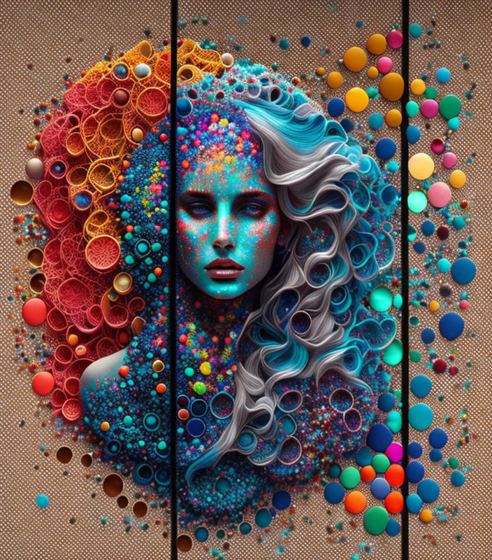 Colorful digital artwork: Woman's face with flowing hair, bubbles, textures in three panels