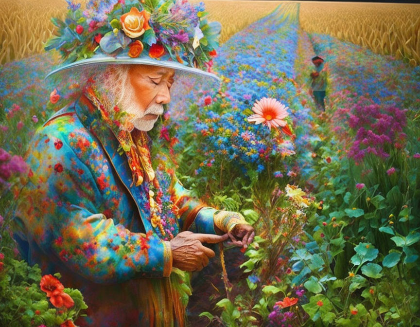 Man in Floral Hat Tending Colorful Garden