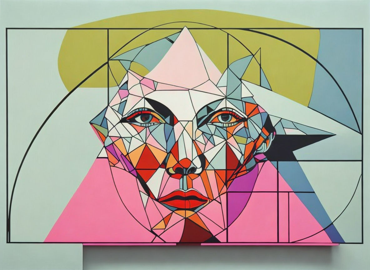 Geometric abstract painting: fragmented, multi-colored face on minimalistic background