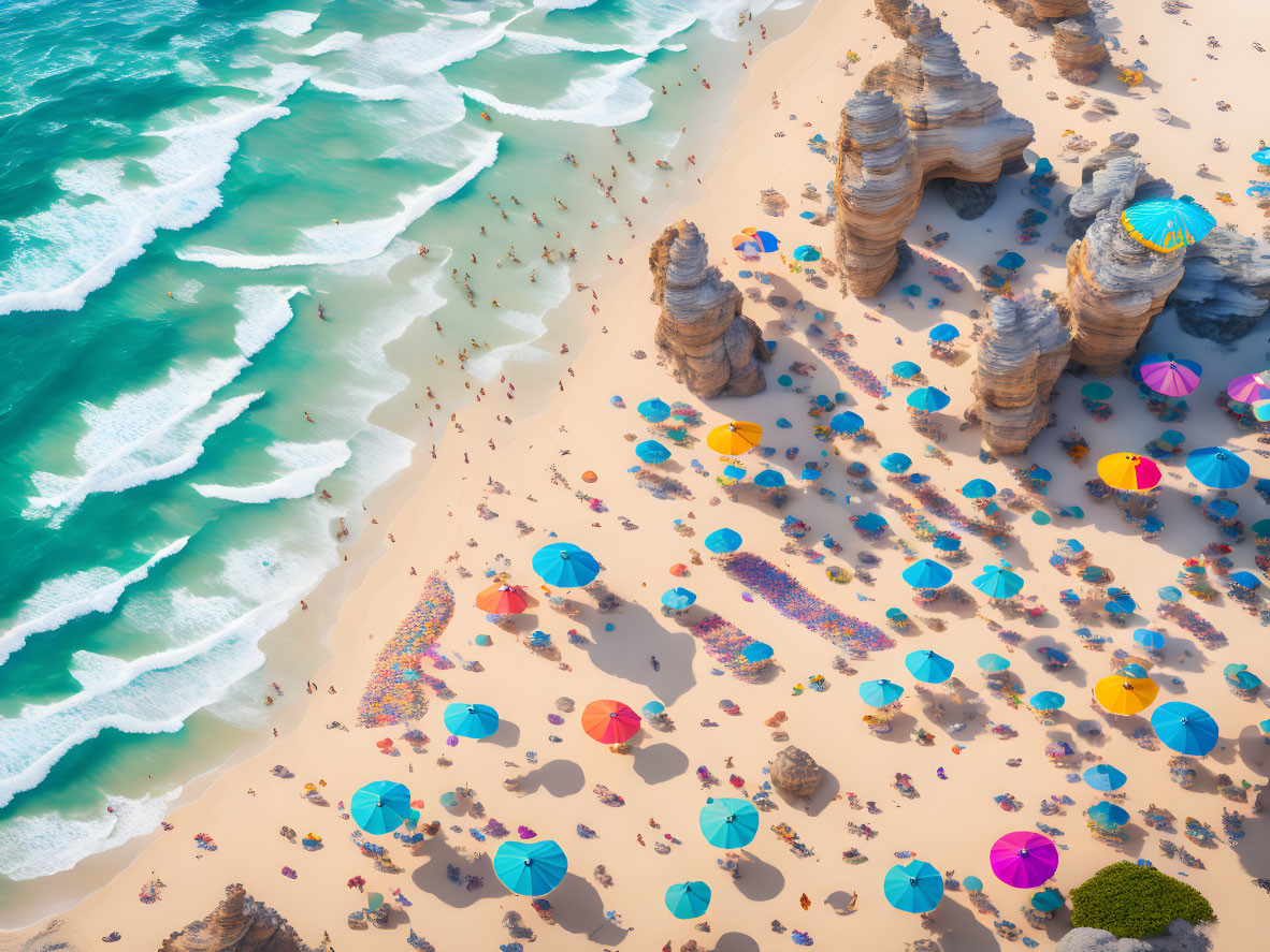 Vibrant beach scene with colorful umbrellas and rocky formations