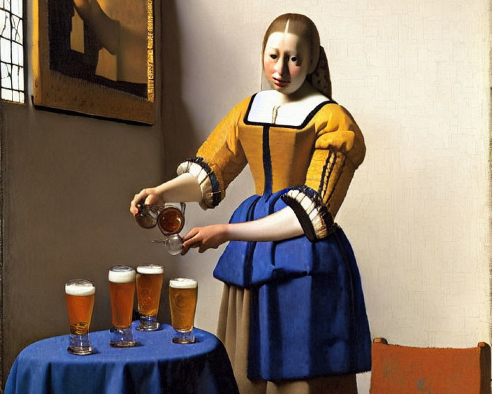 Woman in Yellow and Blue Outfit Pouring Liquid in Glass at Table with Frothy Beverages and