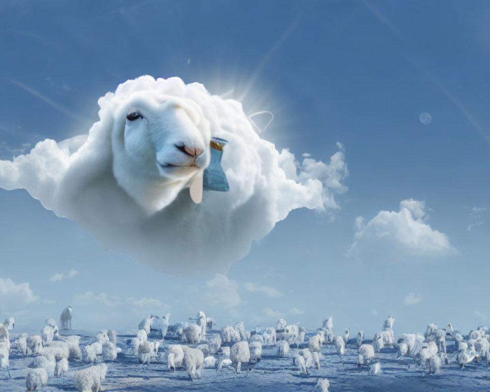 Surreal sheep-shaped cloud with real sheep's face above landscape