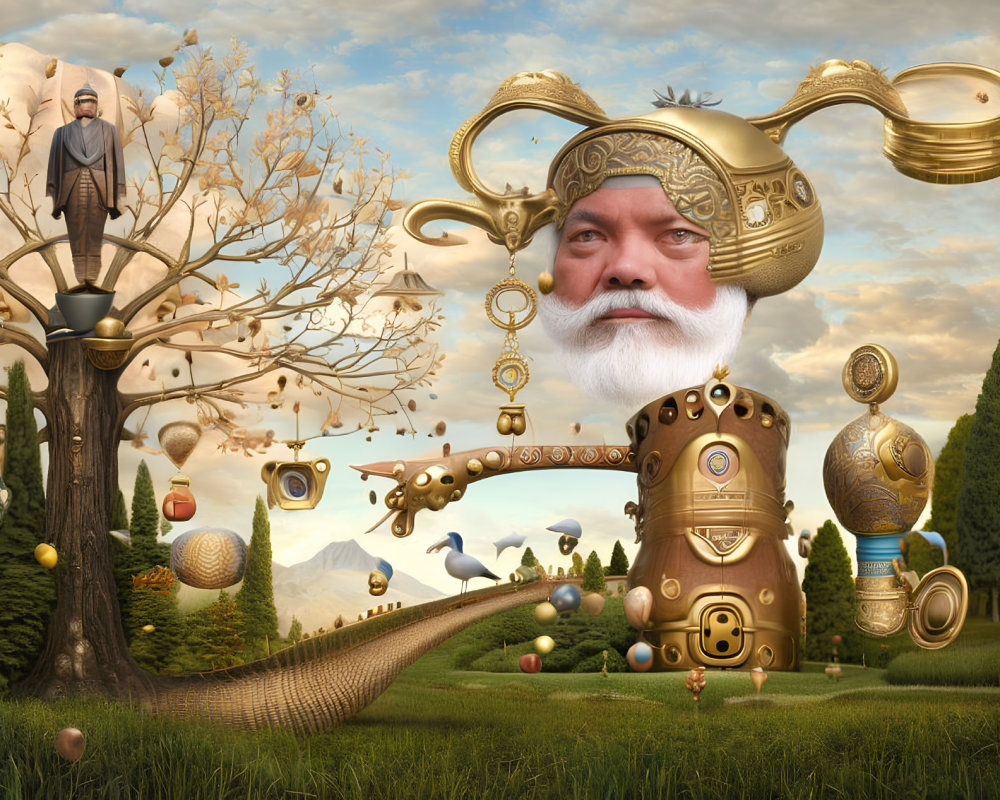 Surreal artwork featuring giant mechanical teapot with human face, floating objects, trees, birds,